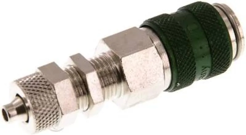 Kupplungsdosen mit Überwurfmutter & Schottgewinde, NW 5, Messing vernickelt, mit grüner Schiebehülse, alle Größen von www.pneumatikshop-online.de