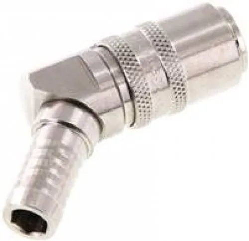 45 Grad Winkel-Temperierkupplungsdose DN9 mit 13mm Schlauchtülle und Entriegelung GSP® Edelstahl