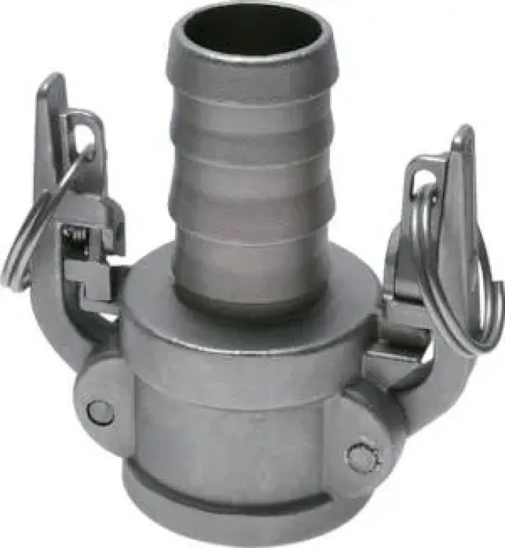 Kamlok-Schnellkupplungsdose Typ C aus glänzendem Edelstahl 1.4401 mit Schlauchtülle und sichtbarer Sicherheitsverriegelung