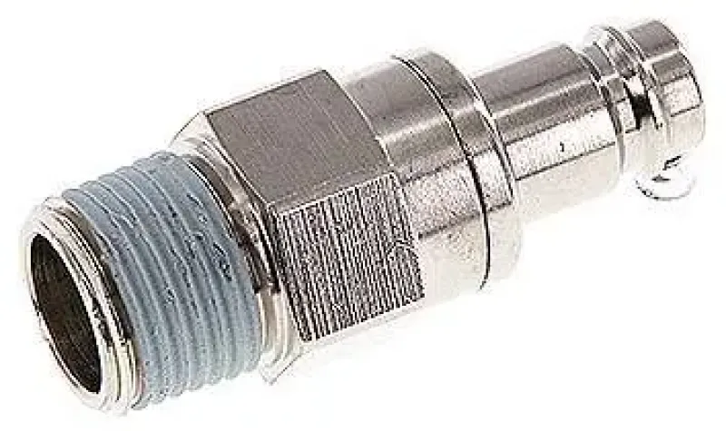 Kupplungsstecker NW 10 aus glänzend vernickeltem Messing, beidseitig absperrend, mit Außengewinde