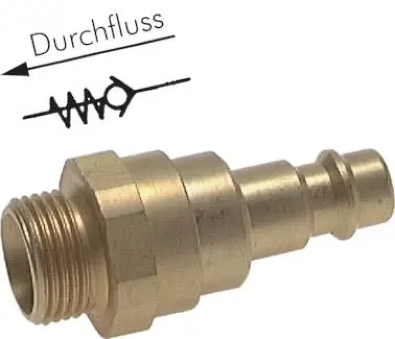 Kupplungsstecker NW 7,2 aus massivem Messing mit Außengewinde und sichtbarem Rückschlagventil-Mechanismus