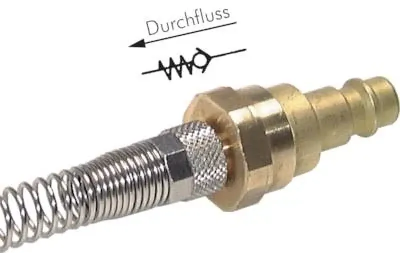 Kupplungsstecker NW 7,2 aus massivem Messing mit Überwurfmutter, Knickschutz und Rückschlagventil