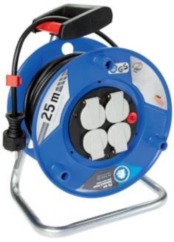 Eine typische Kabeltrommel IP 20 (Stahlblech oder Kunststoff) mit aufgewickeltem Kabel