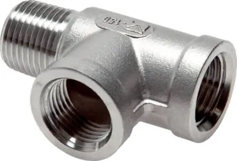 Gegossenes T-Stück aus Edelstahl 1.4408 mit Gewindemix Außen-Innen-Innen (AII)
