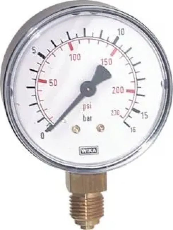 Original WIKA Manometer in Ø 63 mm mit deutlichem WIKA-Logo und Anschluss unten