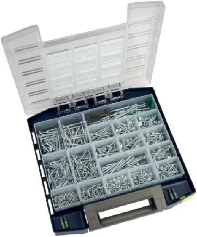 Abbildung der geöffneten fischer® Multibox, die die sortierten Spanplattenschrauben und die TORX® Bits zeigt