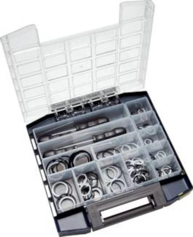 Set in einem robusten Koffer oder einer Sortierbox, mit den Dichtsätzen und dem Aushebset