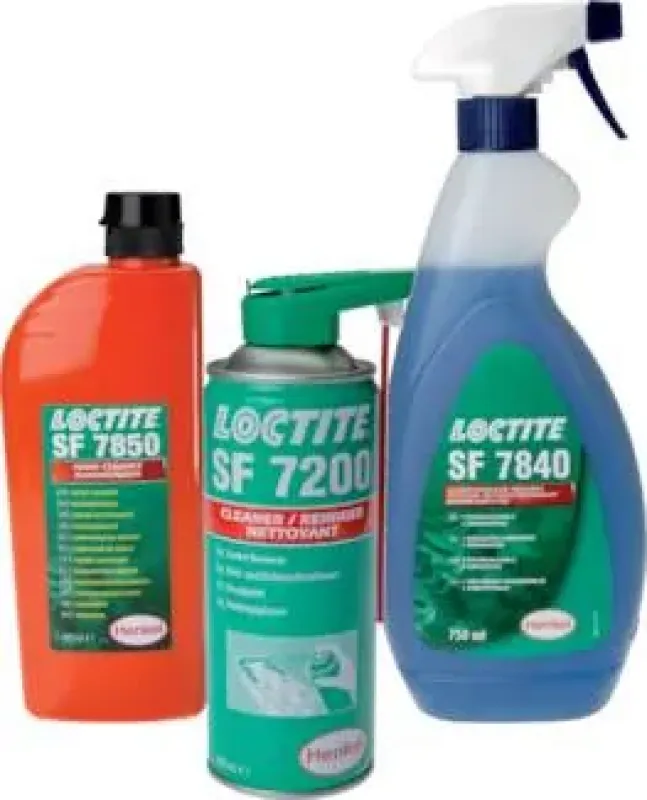 Übersichtsbild, das die verschiedenen LOCTITE® Reiniger (Spraydosen, Flaschen) zeigt