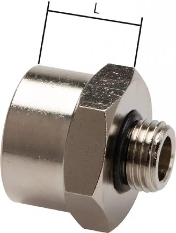 Abbildung 2 Reduziernippel aus Messing vernickelt mit zylindrischem Gewinde und O-Ring Abdichtung 20 bar