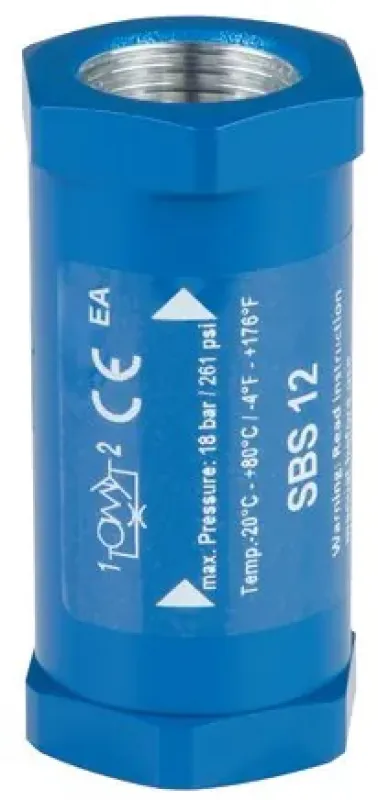 Darstellung einer Schlauchbruchsicherung aus Messing mit Richtungspfeil Innengewinde