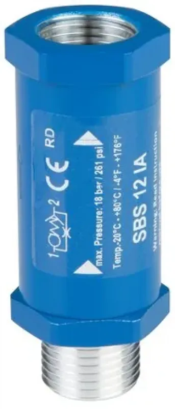 Darstellung einer Schlauchbruchsicherung aus Messing mit Richtungspfeil Außengewinde