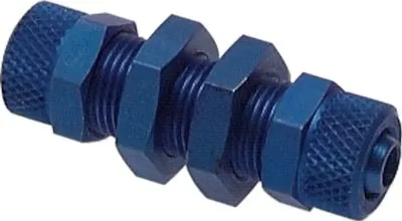 Gerade CK-Schottverschraubung Aluminium mit beidseitigen Schlauchanschlüssen und zentraler Kontermutter