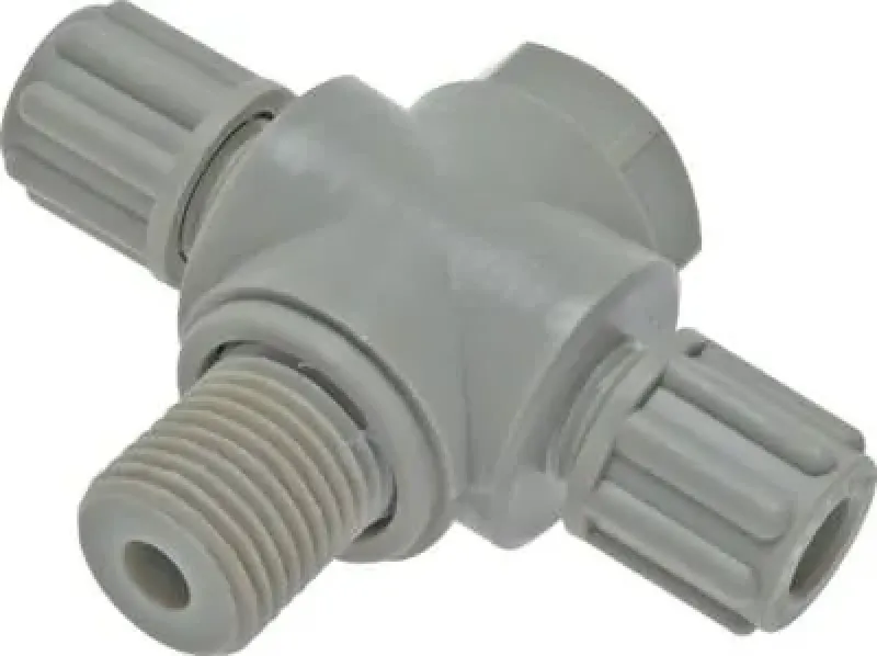 T-Einschraubverschraubung Polypropylen mit positionierbarem Gewinde und montierten Überwurmuttern