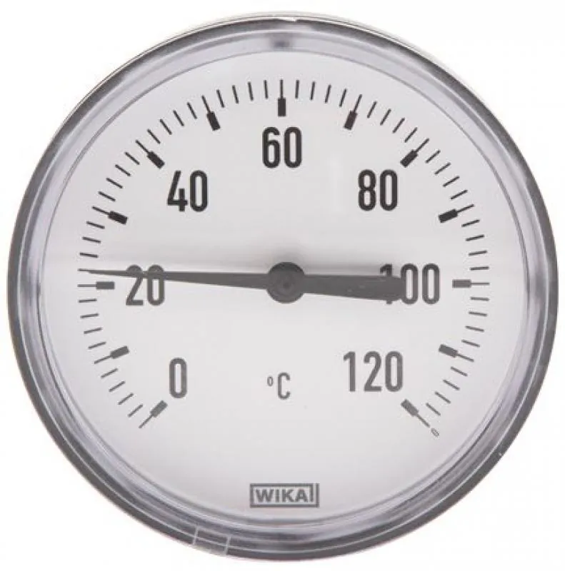 WIKA Bimetallthermometer mit schwarzem Kunststoffgehäuse, weißem Zifferblatt und waagerechtem Kupfer-Tauchrohr