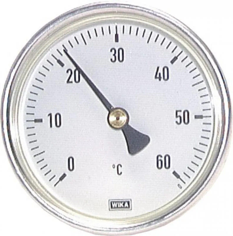 WIKA Bimetallthermometer Ø 63 mm mit Aluminiumgehäuse, weißem Zifferblatt und waagerechtem Kupfer-Tauchrohr