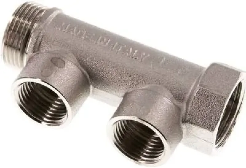 Vernickeltes Messing-Verteilerrohr mit 2 Abgängen und Innen-/Außengewinde (PN 10) mit IG