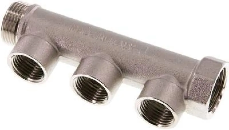 Vernickeltes Messing-Verteilerrohr mit 3 Abgängen und Innen-/Außengewinde (PN 10) mit IG