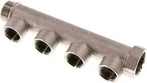 Verteilerrohre mit Außen- und Innengewinde, 4 Abgänge, PN 10, Messing vernickelt, Weiche Verteilerleiste Verbinder, Druckluftverteiler, Verteiler