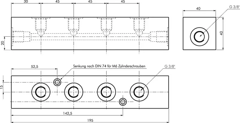 Detailansicht Hydraulik-Verteilerleiste aus Stahl verzinkt PN 315 mit 4 Abgängen