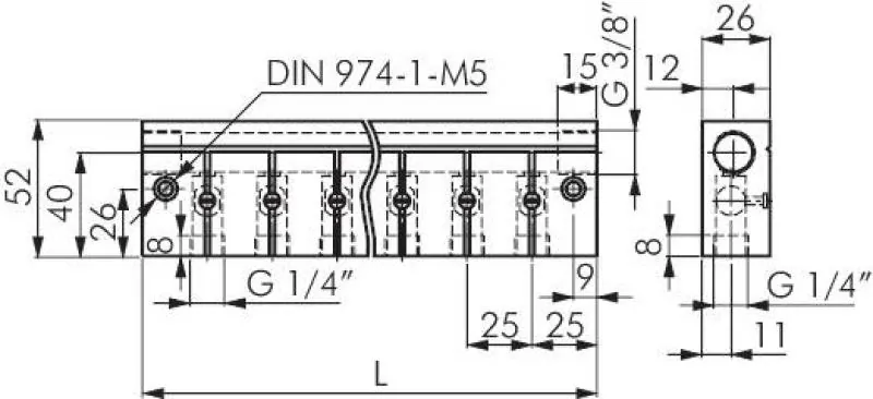 Zeichnung Verteilerleiste Aluminium mit integrierten Kugelhähnen PN 10