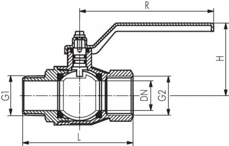 Zeichnung Einschraub-Kugelhahn 2-teilig IG/AG Messing vernickelt voller Durchgang 14–50 bar alle Größen