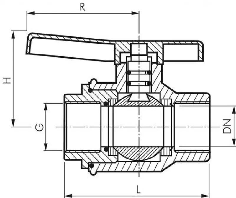 Zeichnung Kugelhahn aus Polypropylen PN 10 alle Größen