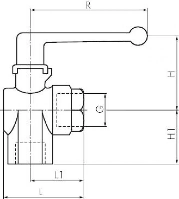 Zeichnung Winkel-Kugelhahn mit langem Griff Messing vernickelt PN 20 alle Größen