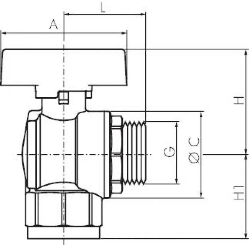 Zeichnung Einschraub-Winkel-Kugelhahn Messing vernickelt DVGW geprüft PN 40 alle Größen
