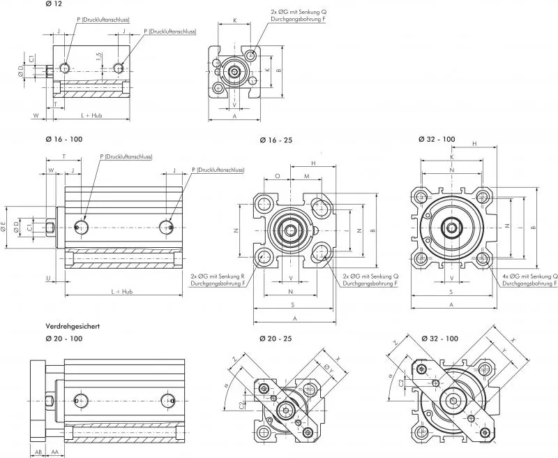 Pneumatik-Kurzhubzylinder doppeltwirkend mit verdrehgesicherter Kolbenstange, ND-Serie, alle Größen