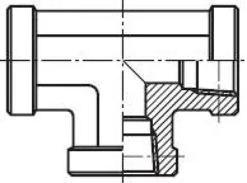 Detailansicht des NPT-Hochdruck-Innengewindes eines Stahl-T-Stücks