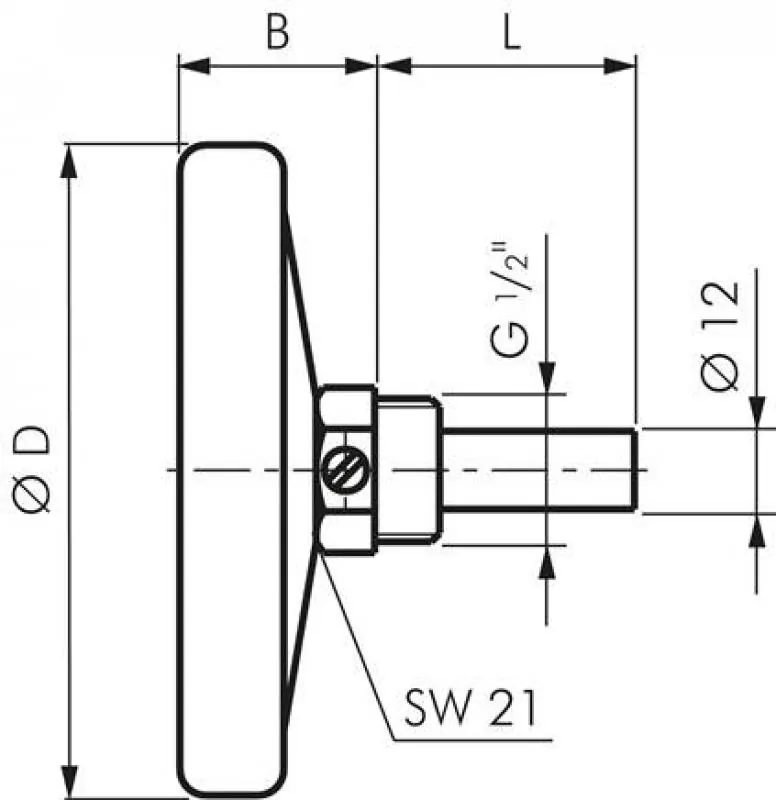 Zeichnung WIKA Bimetallthermometer Ø 100 mm mit Aluminiumgehäuse, weißem Zifferblatt und waagerechtem Kupfer-Tauchrohr