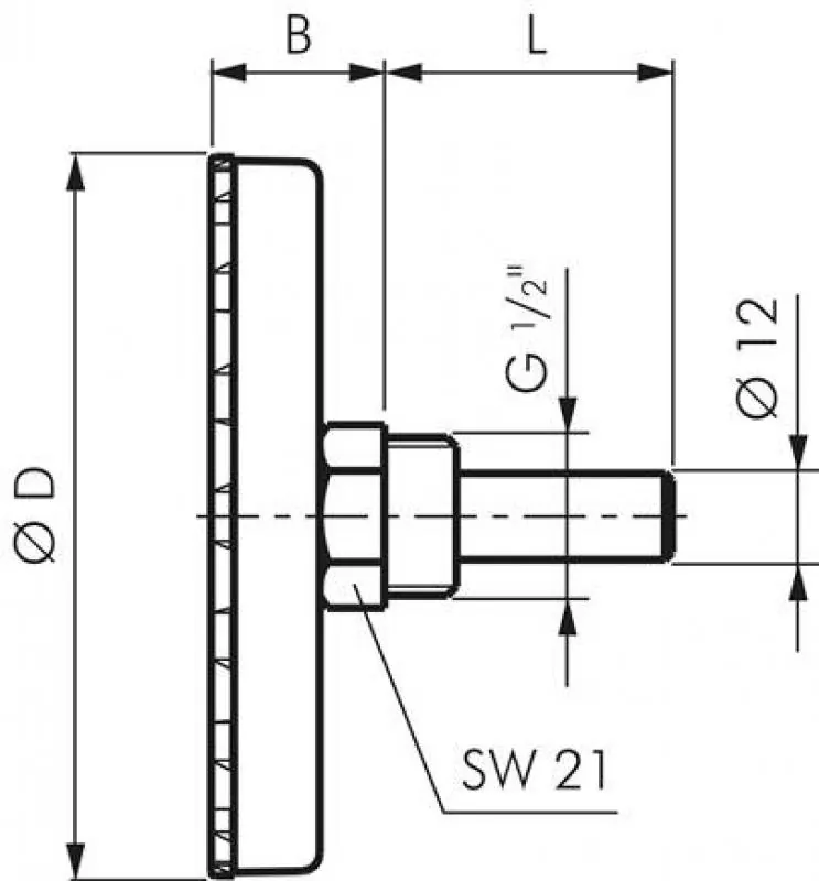 Zeichnung WIKA Bimetallthermometer mit schwarzem Kunststoffgehäuse, weißem Zifferblatt und waagerechtem Kupfer-Tauchrohr