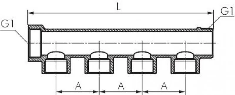 Detailansicht der vernickelten Oberfläche und der drei Abzweige am Messing-Verteilerrohr