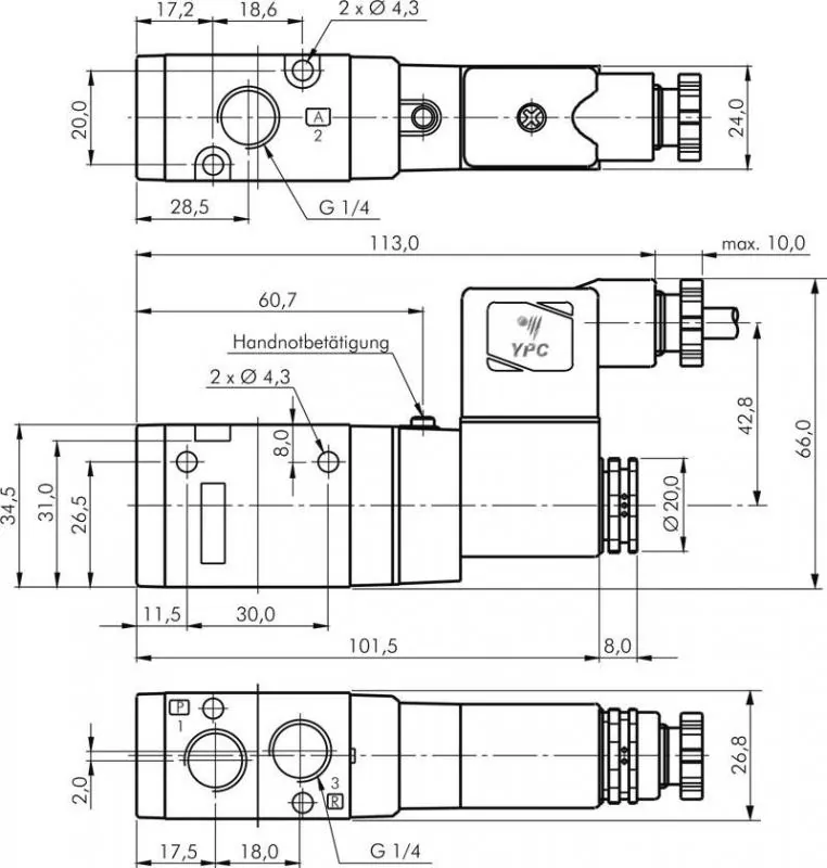 3/2-Wege Magnetventil mit Federrückstellung G 1/4" – SF4000 & YPC